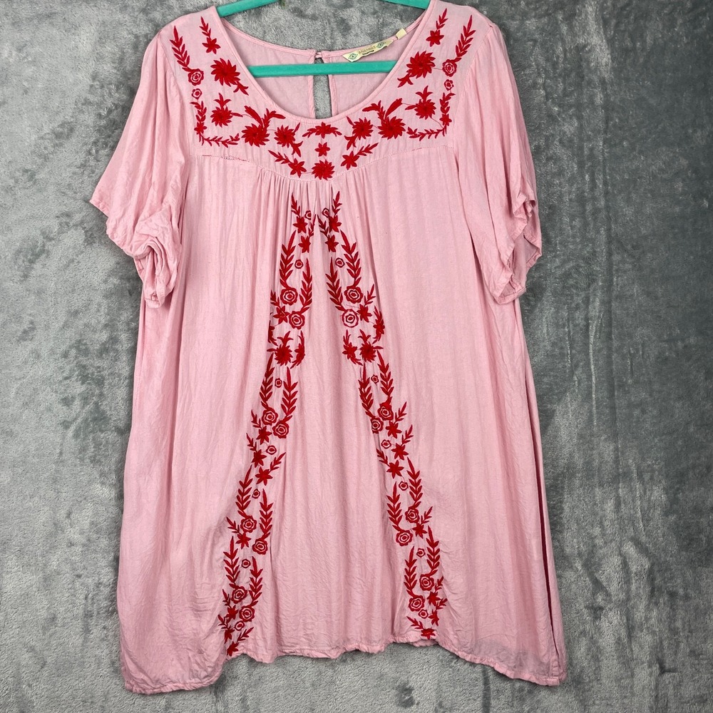 Anandas Collection Tunic Top Womens 2XL‎ Pink Embroidered Floral Boho Hippie